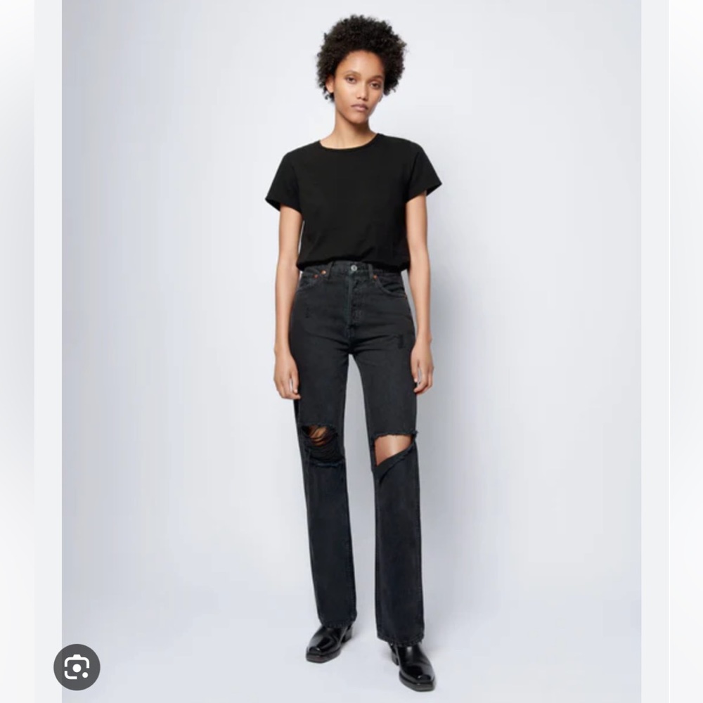 Re/Done Originals High Rise Loose Denim Jeans Washed Black Ripped Knees Size 26